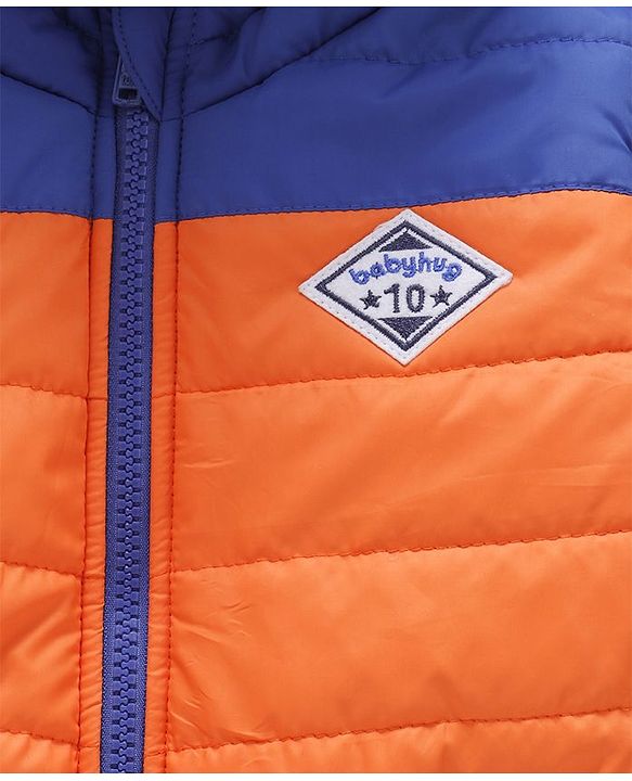Babyhug Full Sleeves Hooded Padded Jacket Numeric 10 Patch - Orange Blue