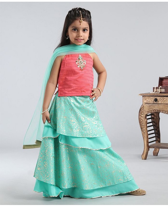 Babyhug Singlet Choli And Silk Lehenga With Dupatta Embellished - Pink Mint - 18-24m Pink