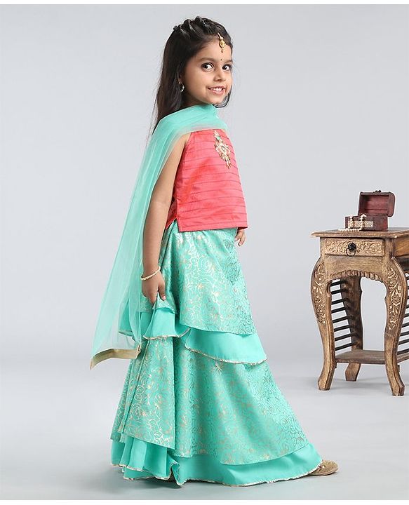 Babyhug Singlet Choli And Silk Lehenga With Dupatta Embellished - Pink Mint - 18-24m Pink