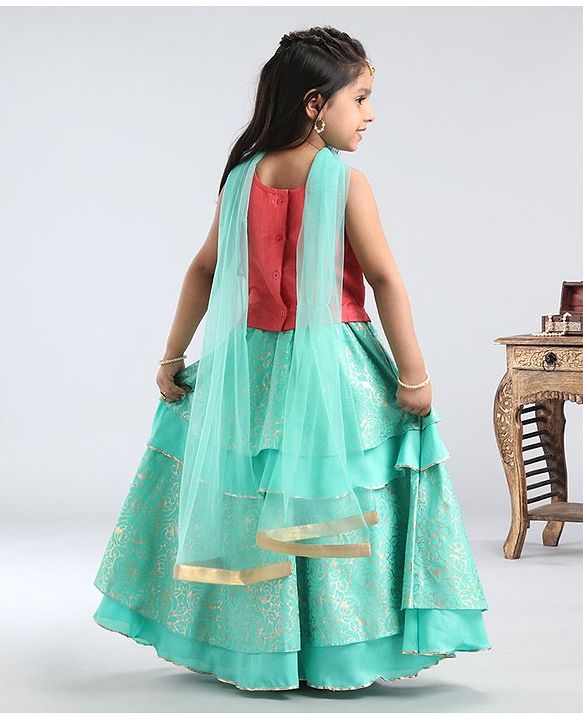 Babyhug Singlet Choli And Silk Lehenga With Dupatta Embellished - Pink Mint - 18-24m Pink