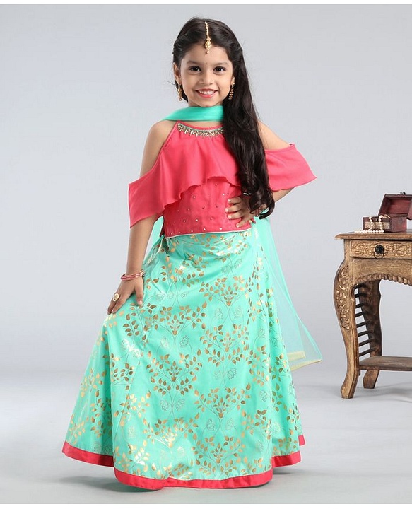 Babyhug Sleeveless Embellished Choli & Floral Print Lehenga With Dupatta - Pink Mint