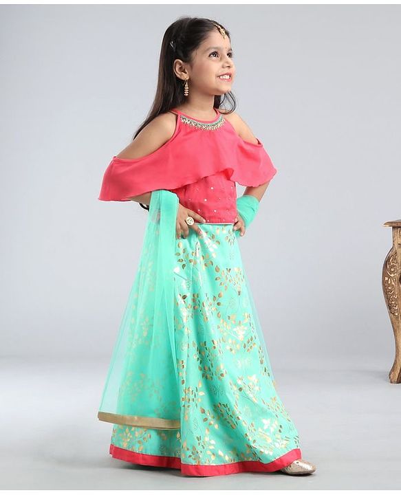 Babyhug Sleeveless Embellished Choli & Floral Print Lehenga With Dupatta - Pink Mint