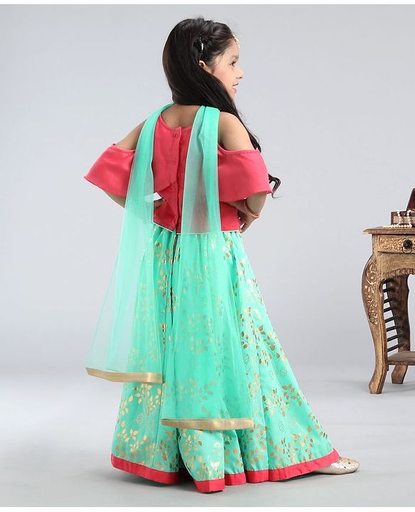 Babyhug Sleeveless Embellished Choli & Floral Print Lehenga With Dupatta - Pink Mint