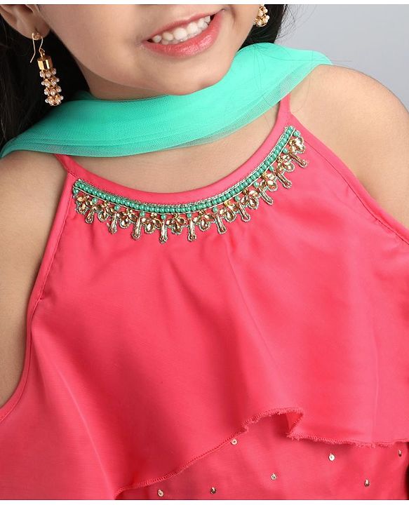 Babyhug Sleeveless Embellished Choli & Floral Print Lehenga With Dupatta - Pink Mint