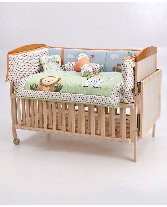 Babyhug Premium Cotton Crib Bedding Set Jungle Theme Small Pack of 6 - Multicolor (Cot not Included)