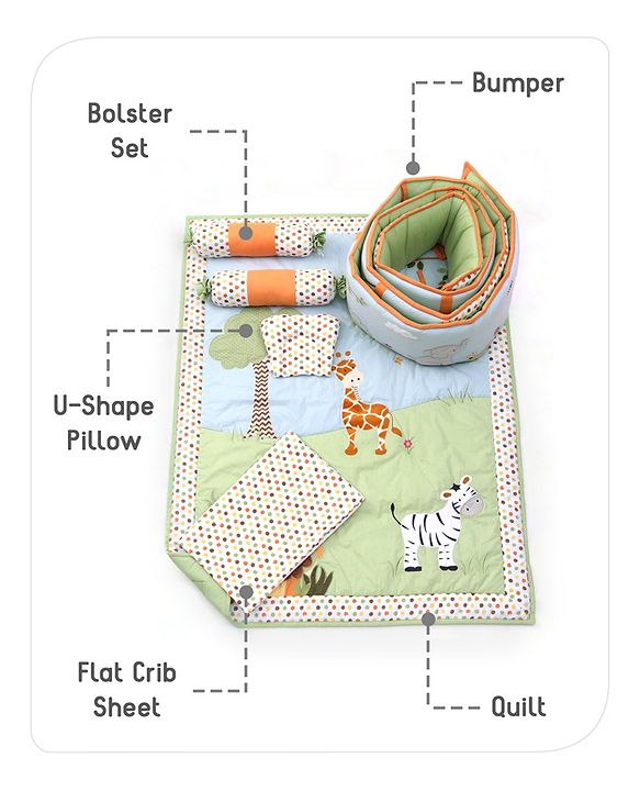 Babyhug Premium Cotton Crib Bedding Set Jungle Theme Small Pack of 6 - Multicolor (Cot not Included)