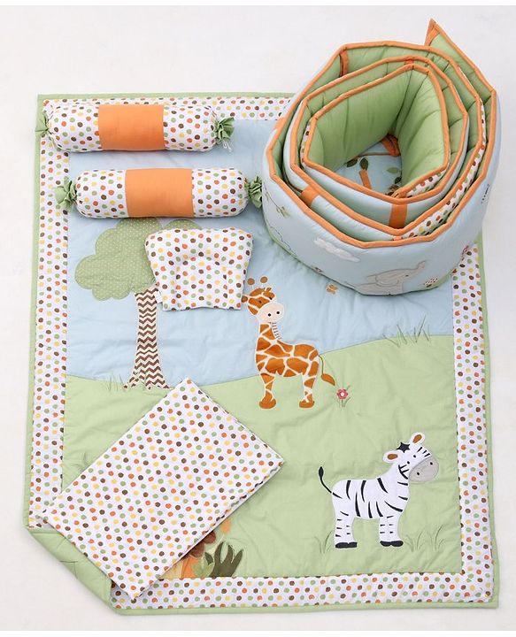 Babyhug Premium Cotton Crib Bedding Set Jungle Theme Small Pack of 6 - Multicolor (Cot not Included)