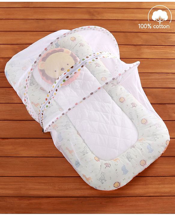 Babyhug Premium Cotton Gadda Set With Mosquito Net Jungle Theme - Multicolor
