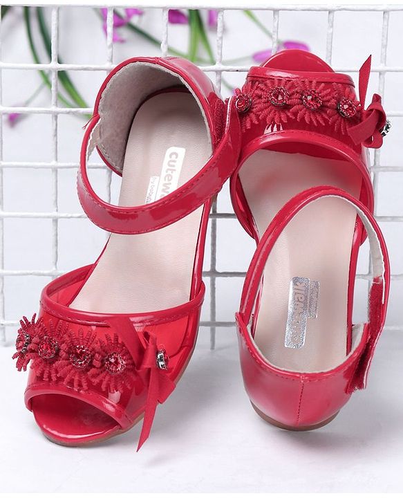 Cute Walk by Babyhug Party Wear Peeptoes Studded Floral Motifs - Red - EU 26 Red