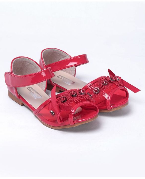 Cute Walk by Babyhug Party Wear Peeptoes Studded Floral Motifs - Red - EU 26 Red