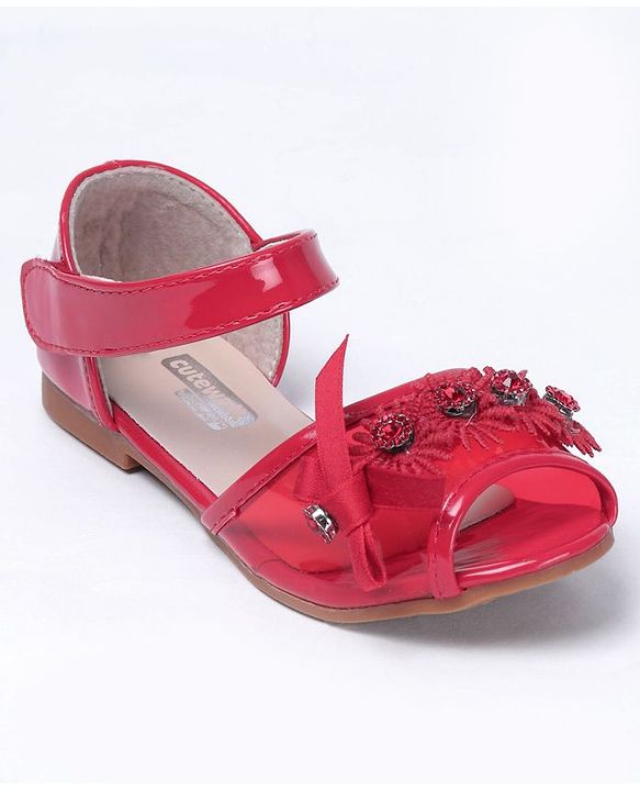 Cute Walk by Babyhug Party Wear Peeptoes Studded Floral Motifs - Red - EU 26 Red