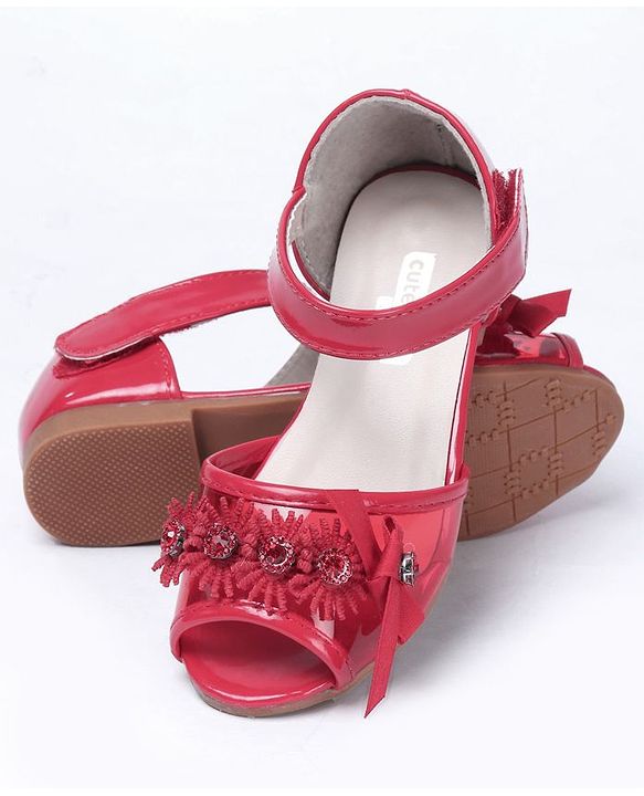 Cute Walk by Babyhug Party Wear Peeptoes Studded Floral Motifs - Red - EU 26 Red