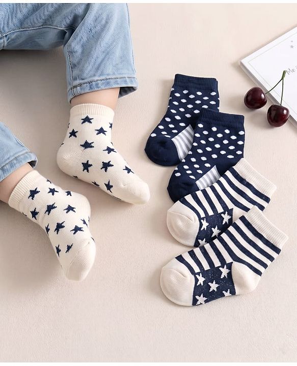 Cute Walk By Babyhug Non Terry Antibacterial Ankle Length Socks Multi Print Set of 3 - Navy White