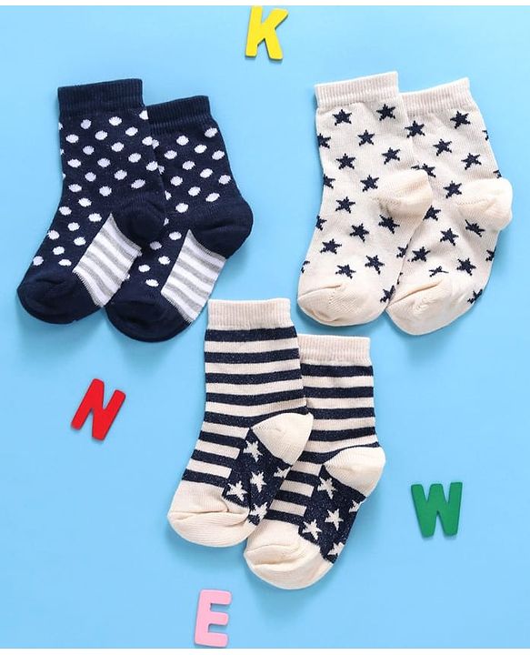 Cute Walk By Babyhug Non Terry Antibacterial Ankle Length Socks Multi Print Set of 3 - Navy White