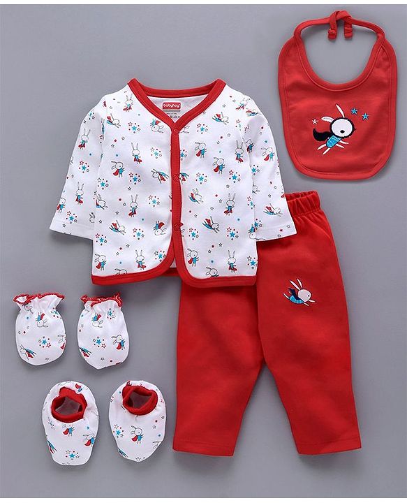 Babyhug Clothing Gift Set Bunny Print Red- 5 Pieces