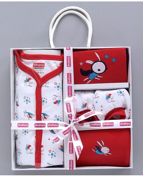 Babyhug Clothing Gift Set Bunny Print Red- 5 Pieces