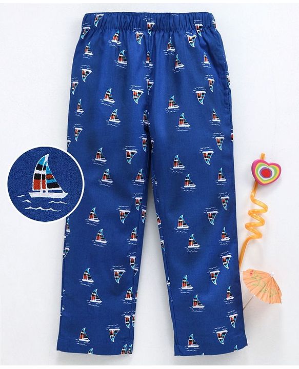 Babyhug Ankle Length Boat Print Woven Pajama - Blue
