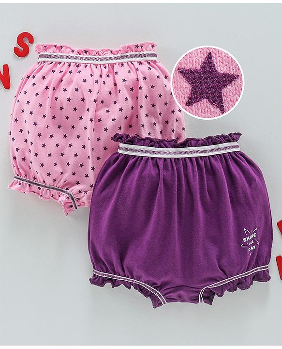 Babyhug 100% Cotton Bloomer Set of 2 Printed & Solid Color - Pink Purple