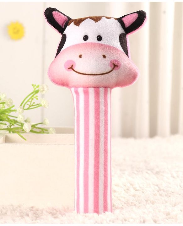 Babyhug Soft Cow Face Rattle Toy for Babies|Squeezy Sound & Easy-to-Hold Grip|Plush Rattle for Sensory Play|Motor Skills & Bonding|Lightweight & Travel Friendly|3+ Months|BIS|Pink&White