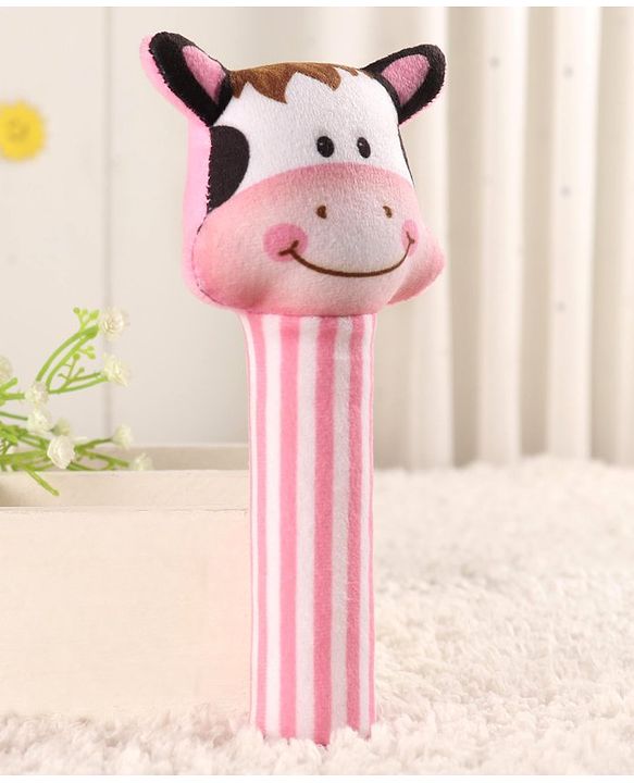 Babyhug Soft Cow Face Rattle Toy for Babies|Squeezy Sound & Easy-to-Hold Grip|Plush Rattle for Sensory Play|Motor Skills & Bonding|Lightweight & Travel Friendly|3+ Months|BIS|Pink&White