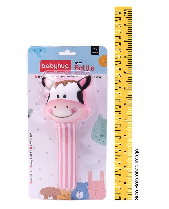 Babyhug Soft Cow Face Rattle Toy for Babies|Squeezy Sound & Easy-to-Hold Grip|Plush Rattle for Sensory Play|Motor Skills & Bonding|Lightweight & Travel Friendly|3+ Months|BIS|Pink&White
