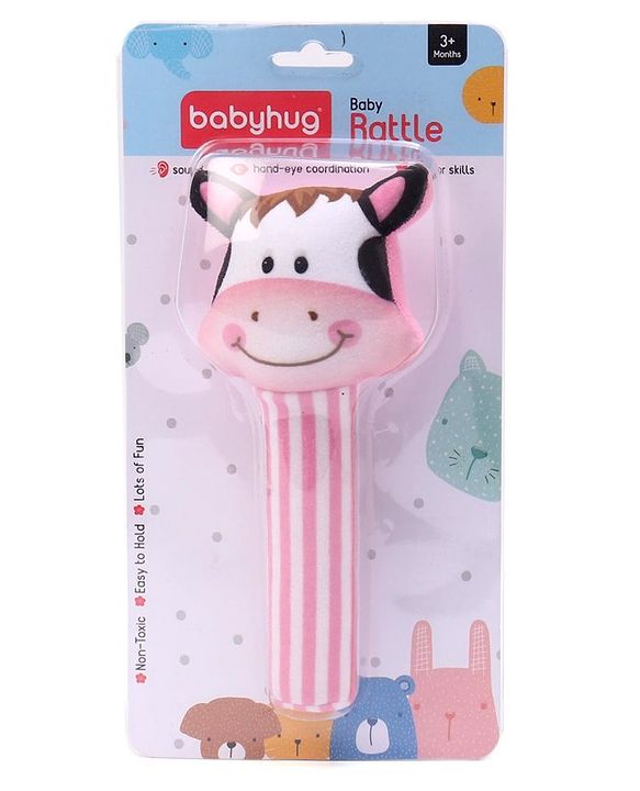 Babyhug Soft Cow Face Rattle Toy for Babies|Squeezy Sound & Easy-to-Hold Grip|Plush Rattle for Sensory Play|Motor Skills & Bonding|Lightweight & Travel Friendly|3+ Months|BIS|Pink&White
