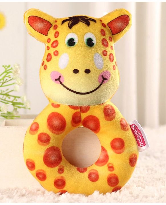 Babyhug Giraffe Face Rattle Toy for Babies| Easy-to-Hold Grip|Plush Rattle for Sensory Play|Motor Skills & Bonding|Lightweight & Travel Friendly |3+ Months|BIS|Yellow