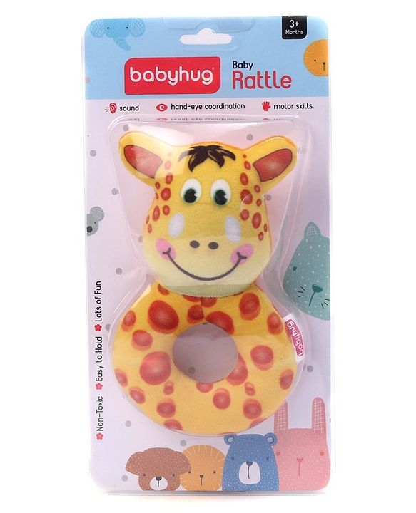 Babyhug Giraffe Face Rattle Toy for Babies| Easy-to-Hold Grip|Plush Rattle for Sensory Play|Motor Skills & Bonding|Lightweight & Travel Friendly |3+ Months|BIS|Yellow