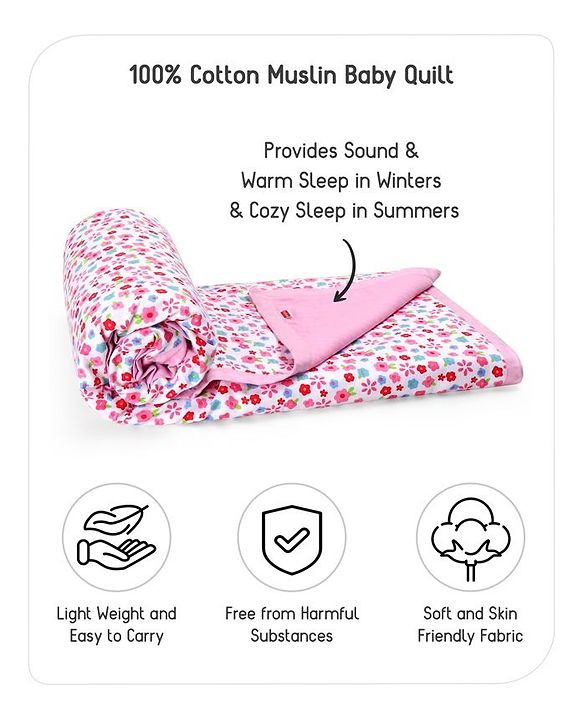 Babyhug Premium Cotton 2 Layered Baby Muslin Blanket Floral Print - Pink