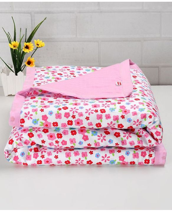 Babyhug Premium Cotton 2 Layered Baby Muslin Blanket Floral Print - Pink