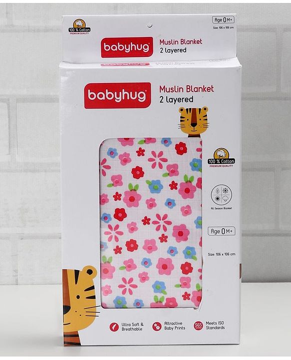 Babyhug Premium Cotton 2 Layered Baby Muslin Blanket Floral Print - Pink