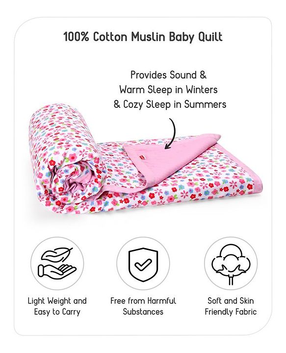 Babyhug Premium 3 Layered Lightweight Baby Muslin Blanket Floral Print - Pink