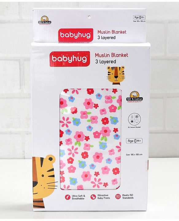 Babyhug Premium 3 Layered Lightweight Baby Muslin Blanket Floral Print - Pink