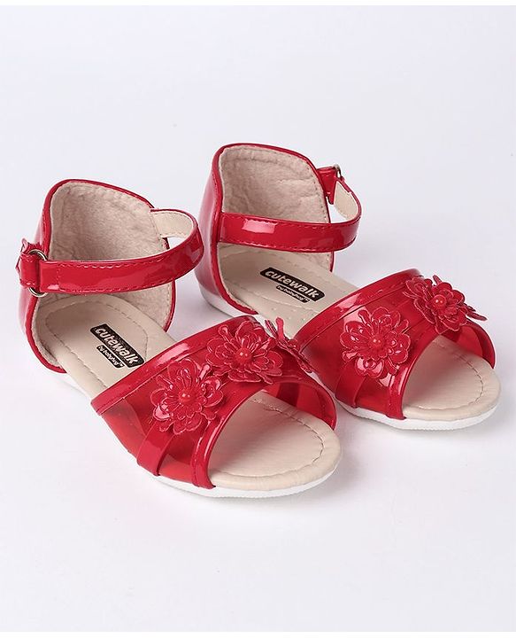 Cute Walk by Babyhug Party Wear Sandals Floral Motif - Black - EU 21 Red