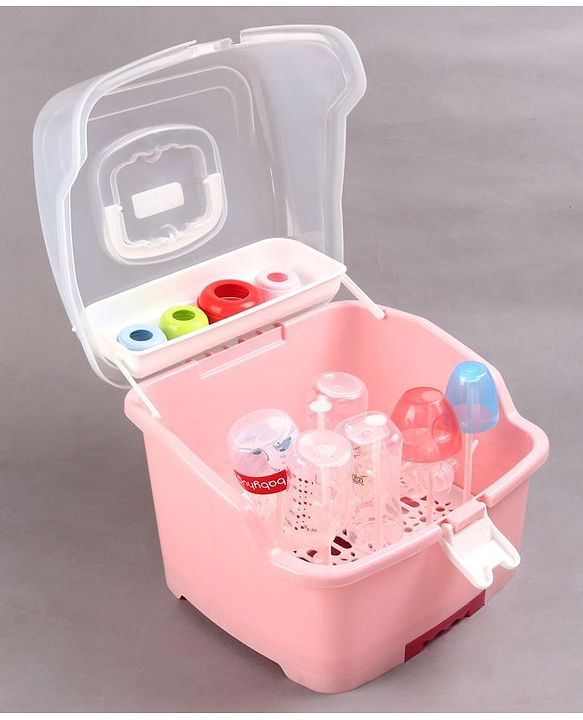 Babyhug 2 in 1 Bottle Drying Rack with Storage Box - Pink (Print May Vary)