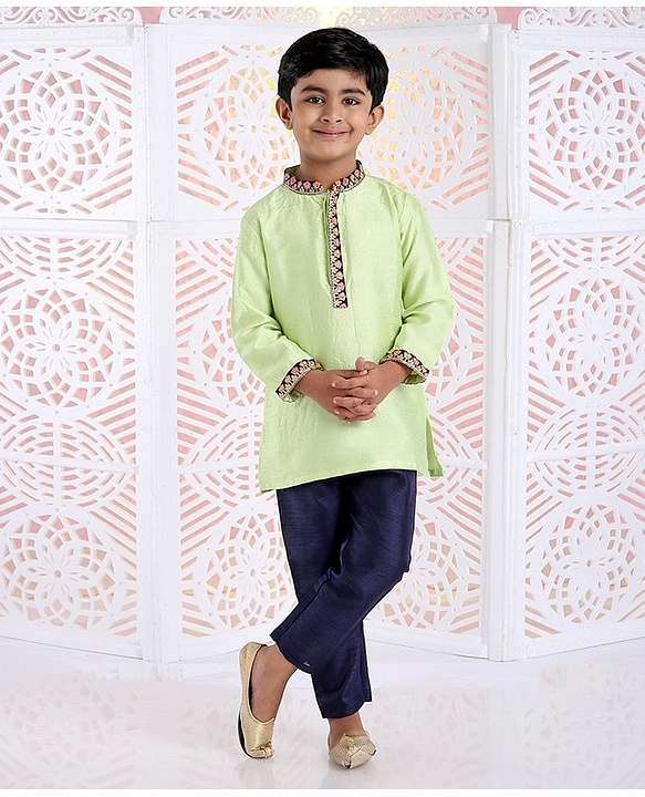 Babyhug Full Sleeves Kurta And Pyjama Floral Embroidery - Green Royal Blue