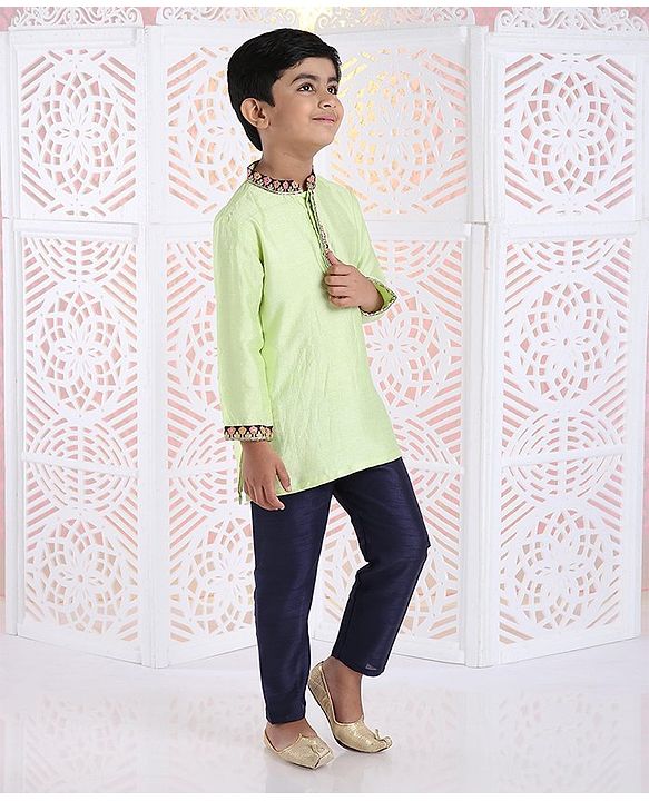 Babyhug Full Sleeves Kurta And Pyjama Floral Embroidery - Green Royal Blue