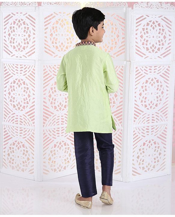 Babyhug Full Sleeves Kurta And Pyjama Floral Embroidery - Green Royal Blue