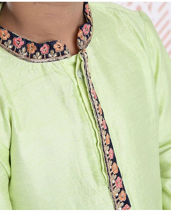 Babyhug Full Sleeves Kurta And Pyjama Floral Embroidery - Green Royal Blue