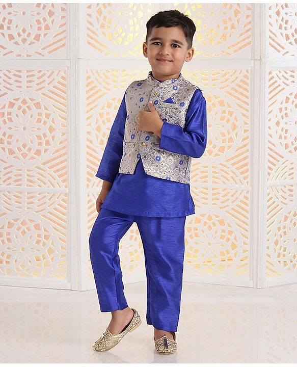 Babyhug Solid Kurta & Pyjama With Jacket Floral Design - Royal Blue