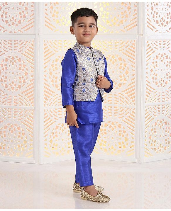 Babyhug Solid Kurta & Pyjama With Jacket Floral Design - Royal Blue