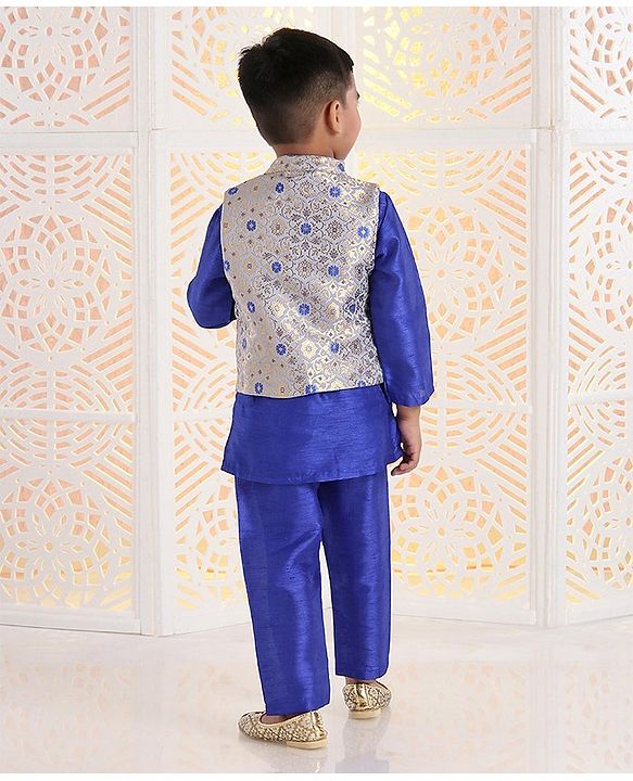 Babyhug Solid Kurta & Pyjama With Jacket Floral Design - Royal Blue
