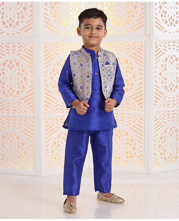 Babyhug Solid Kurta & Pyjama With Jacket Floral Design - Royal Blue