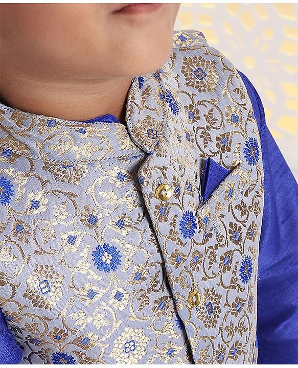 Babyhug Solid Kurta & Pyjama With Jacket Floral Design - Royal Blue