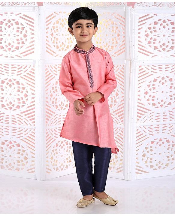 Babyhug Full Sleeves Asymmetrical Kurta And Pyjama Embroidered - Pink Navy Blue