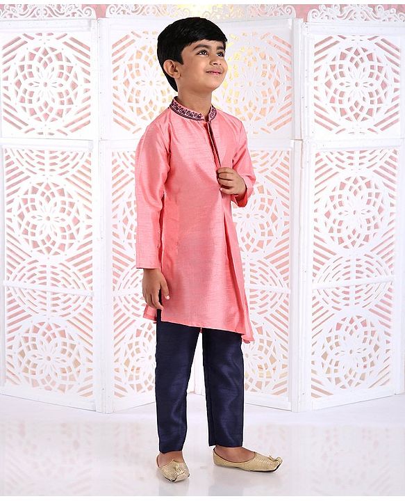 Babyhug Full Sleeves Asymmetrical Kurta And Pyjama Embroidered - Pink Navy Blue