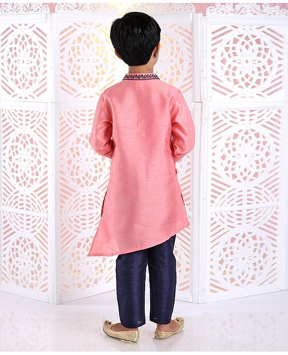 Babyhug Full Sleeves Asymmetrical Kurta And Pyjama Embroidered - Pink Navy Blue