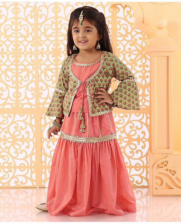 Babyhug Bell Sleeves Lehenga and Choli with Mock Ethnic Jacket Floral Print - Green Orange