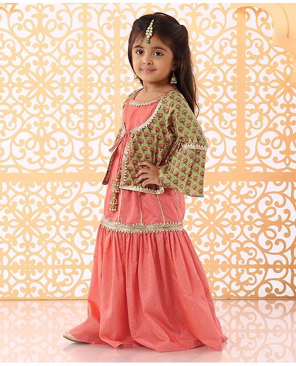 Babyhug Bell Sleeves Lehenga and Choli with Mock Ethnic Jacket Floral Print - Green Orange