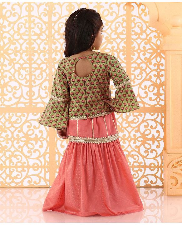 Babyhug Bell Sleeves Lehenga and Choli with Mock Ethnic Jacket Floral Print - Green Orange